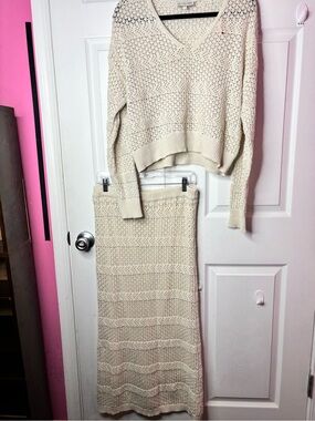 Freshman Cream Crochet Knit Maxi Skirt and Matching Sweater Set